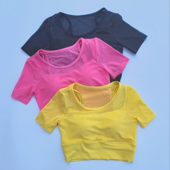 Pedigree Double Layered Mesh Crop Tee with Sports Bra Liner | Pink - Picture 9 of 10